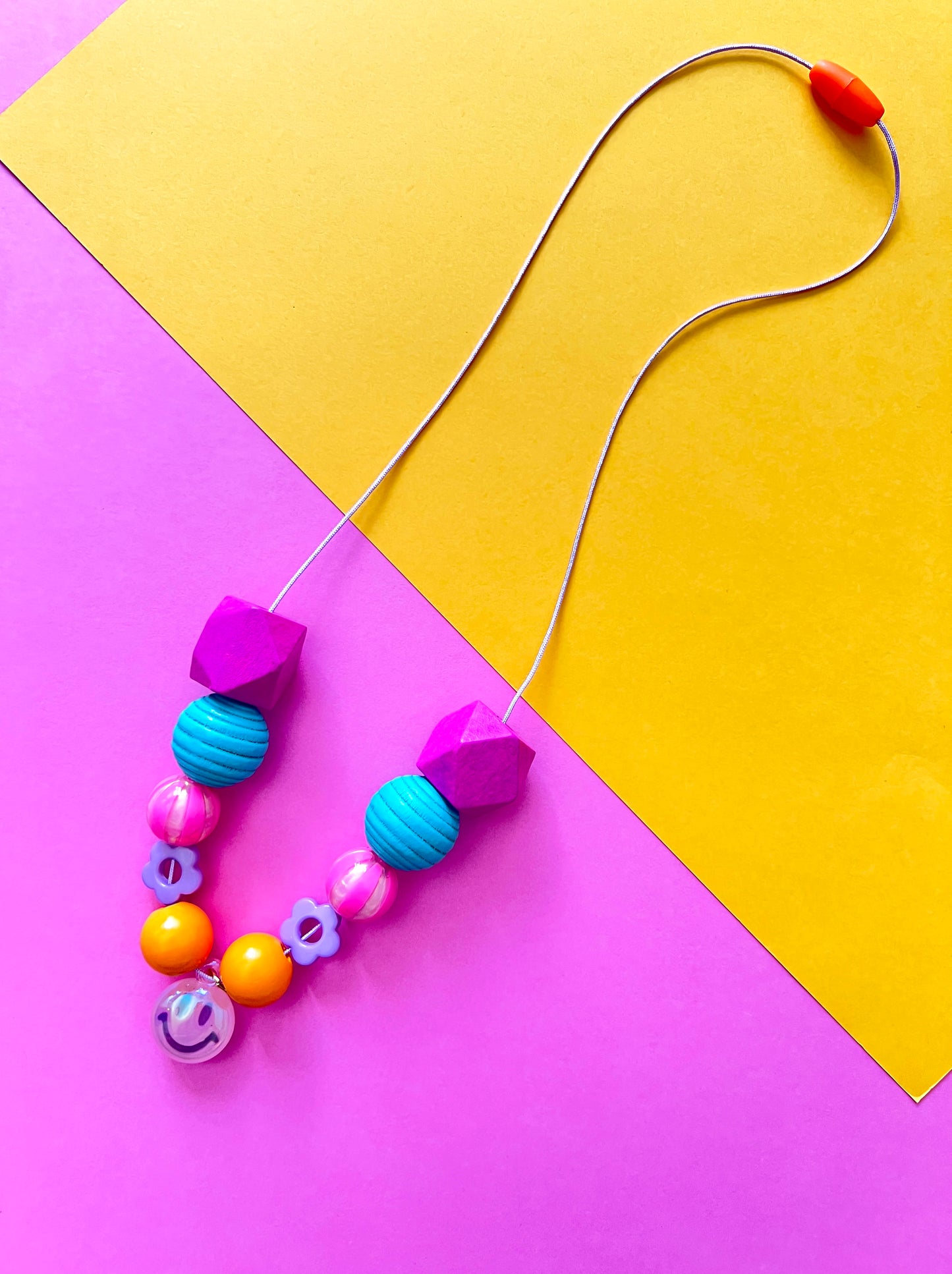 Colorful Girls Smiley Face Charm Beaded Necklace