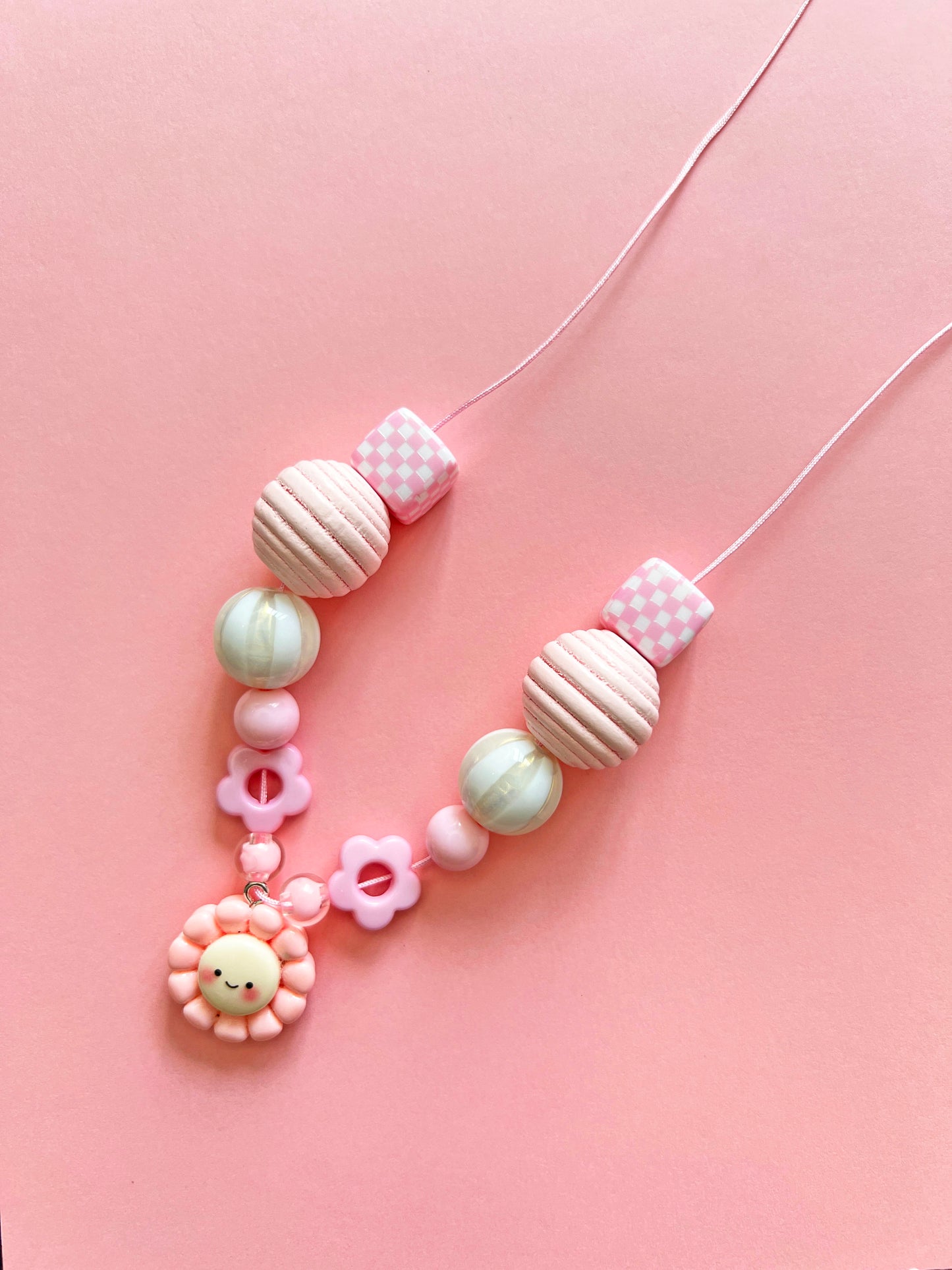 Girls Pink Daisy Smiley Face Charm Beaded Necklace