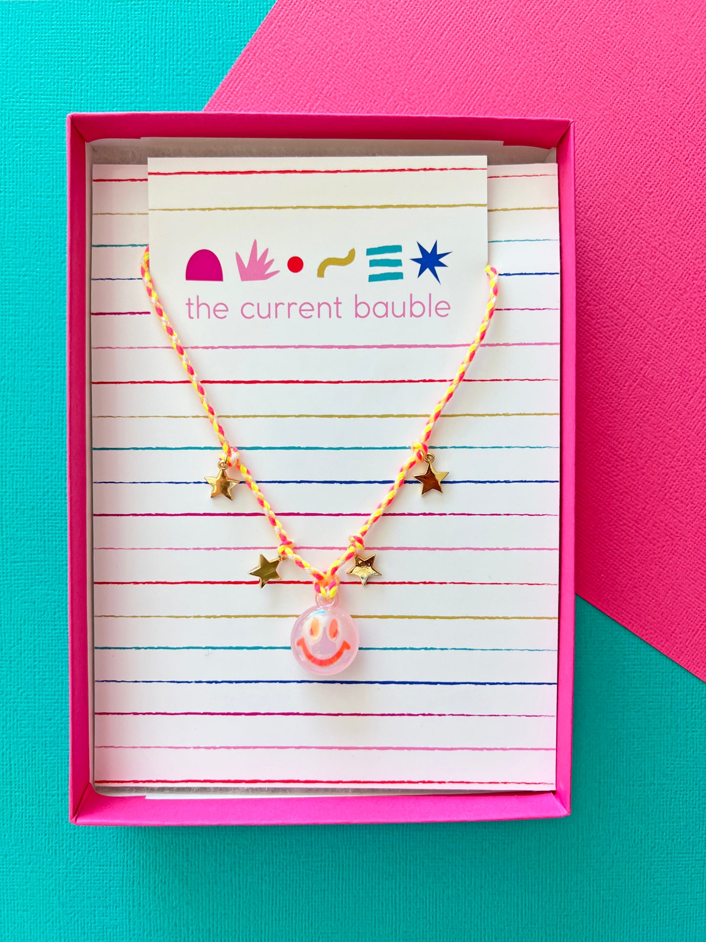 Colorful Smiley Face & Star Charm Braided Necklace