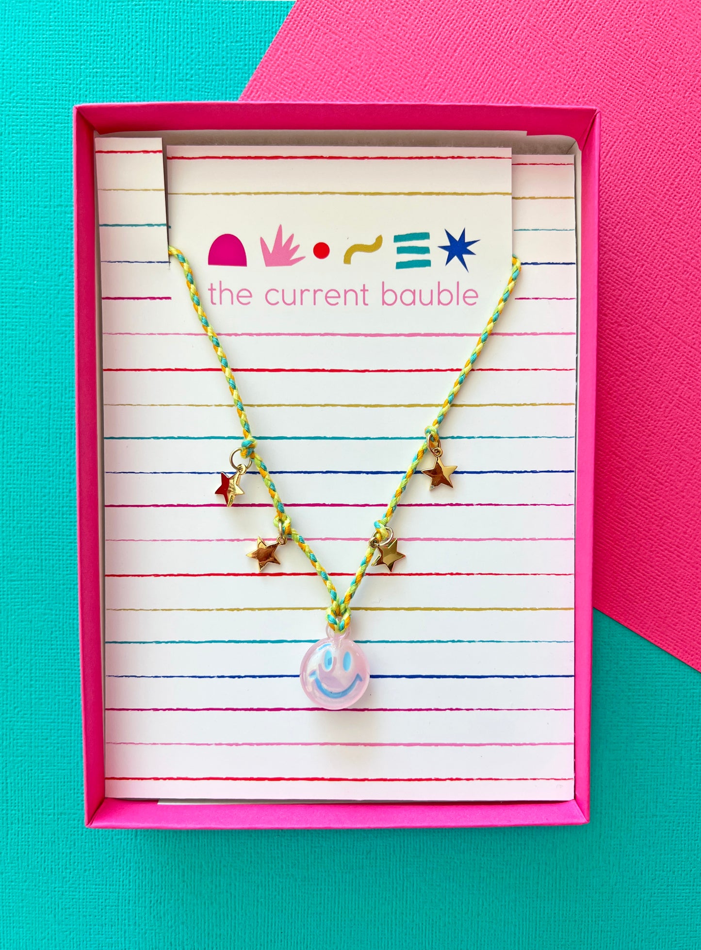 Green Smiley Face & Star Charm Braided Necklace