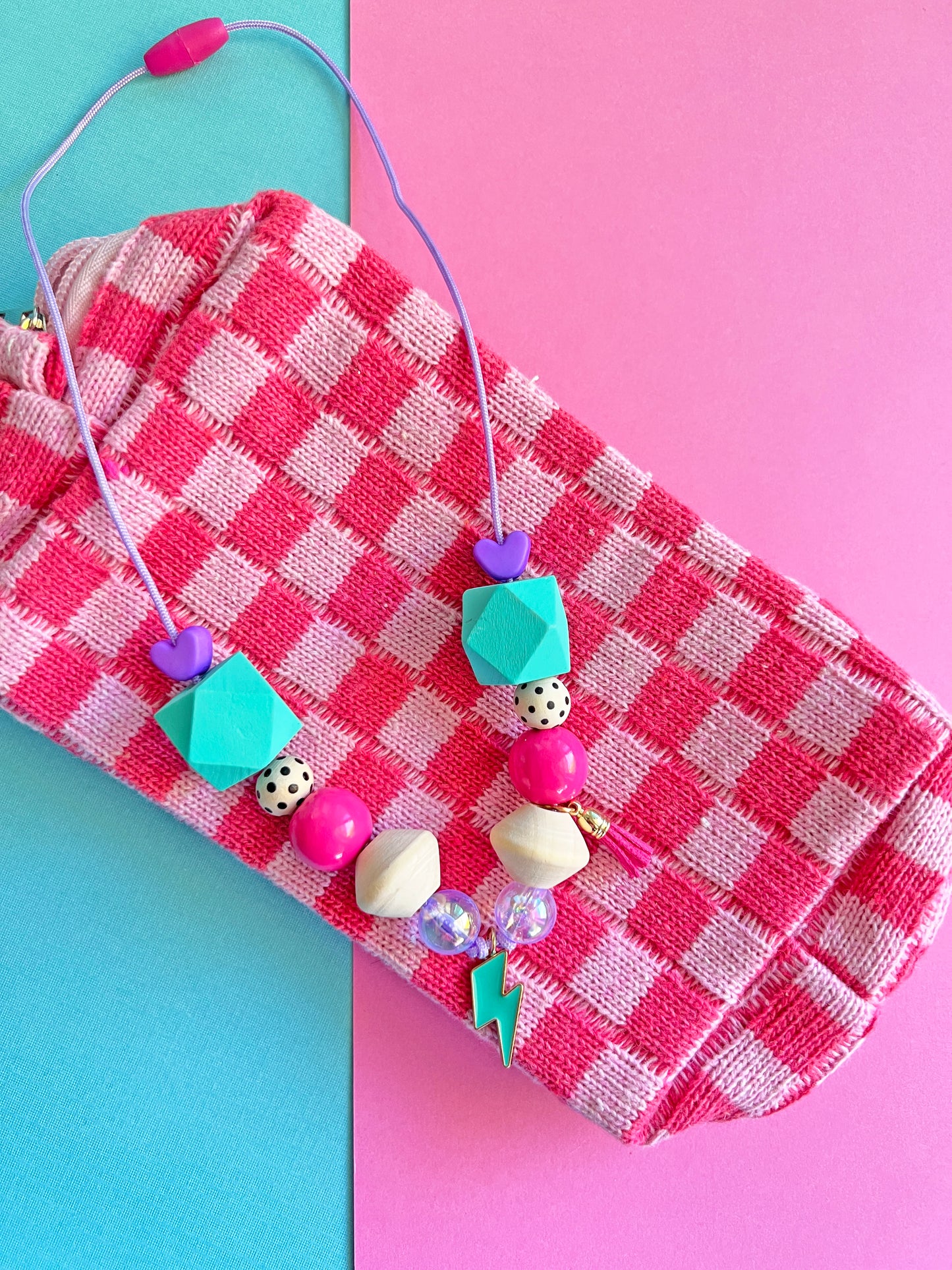 Beaded Pink and Teal Lightning Bolt Charm Necklace