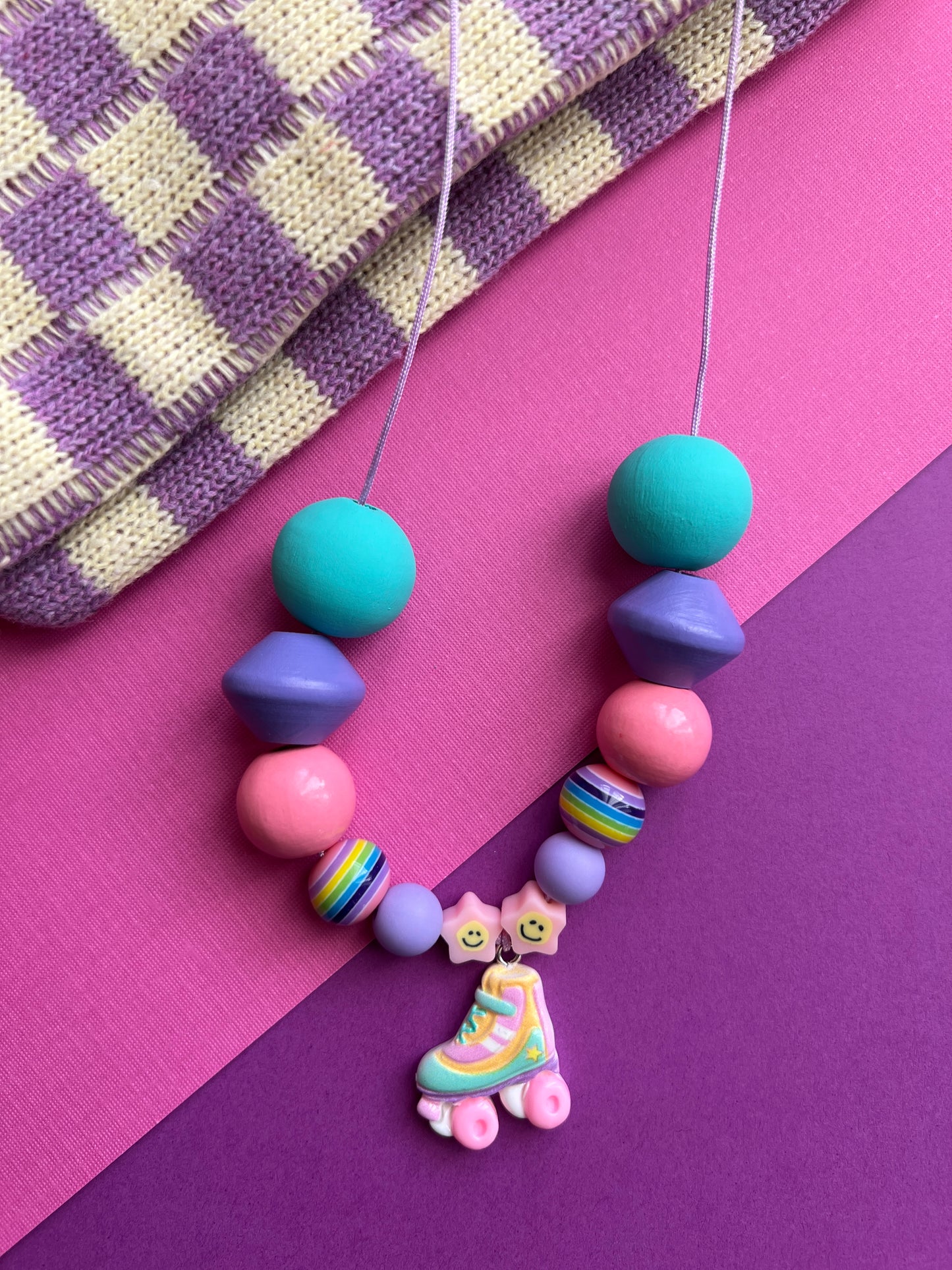 Girls Colorful Roller Skate Charm Beaded Necklace