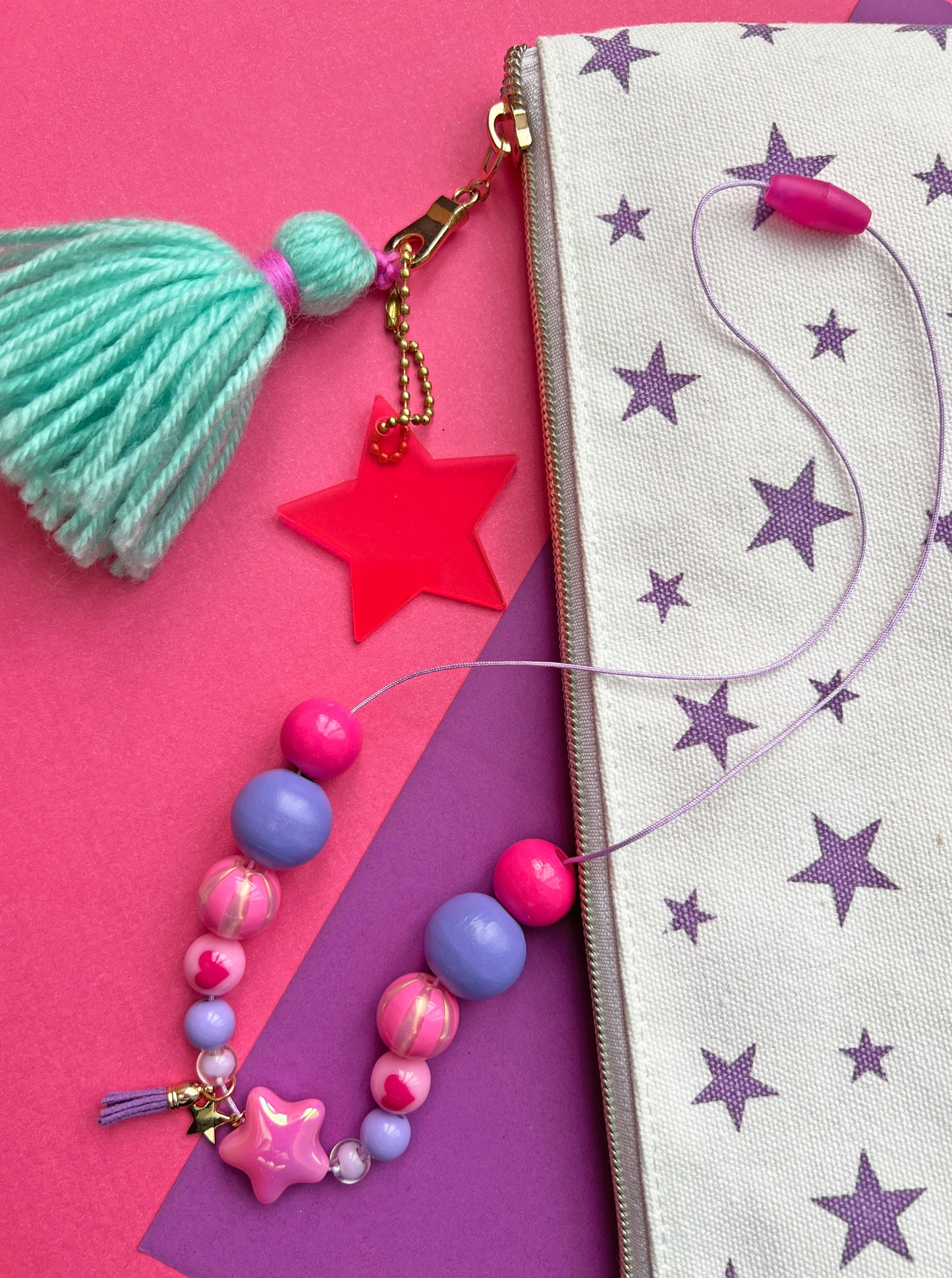 Girls Pink Star Charm Beaded Necklace