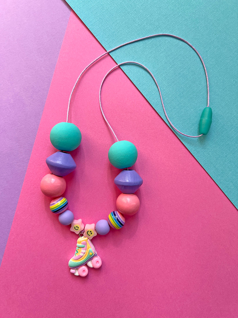 Girls Colorful Roller Skate Charm Beaded Necklace