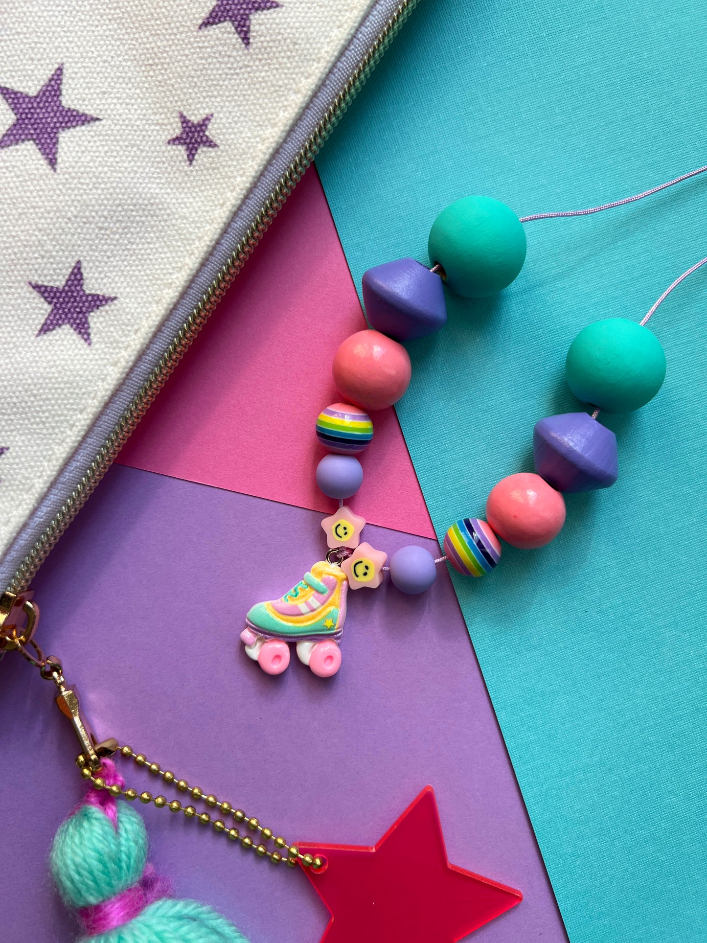 Girls Colorful Roller Skate Charm Beaded Necklace