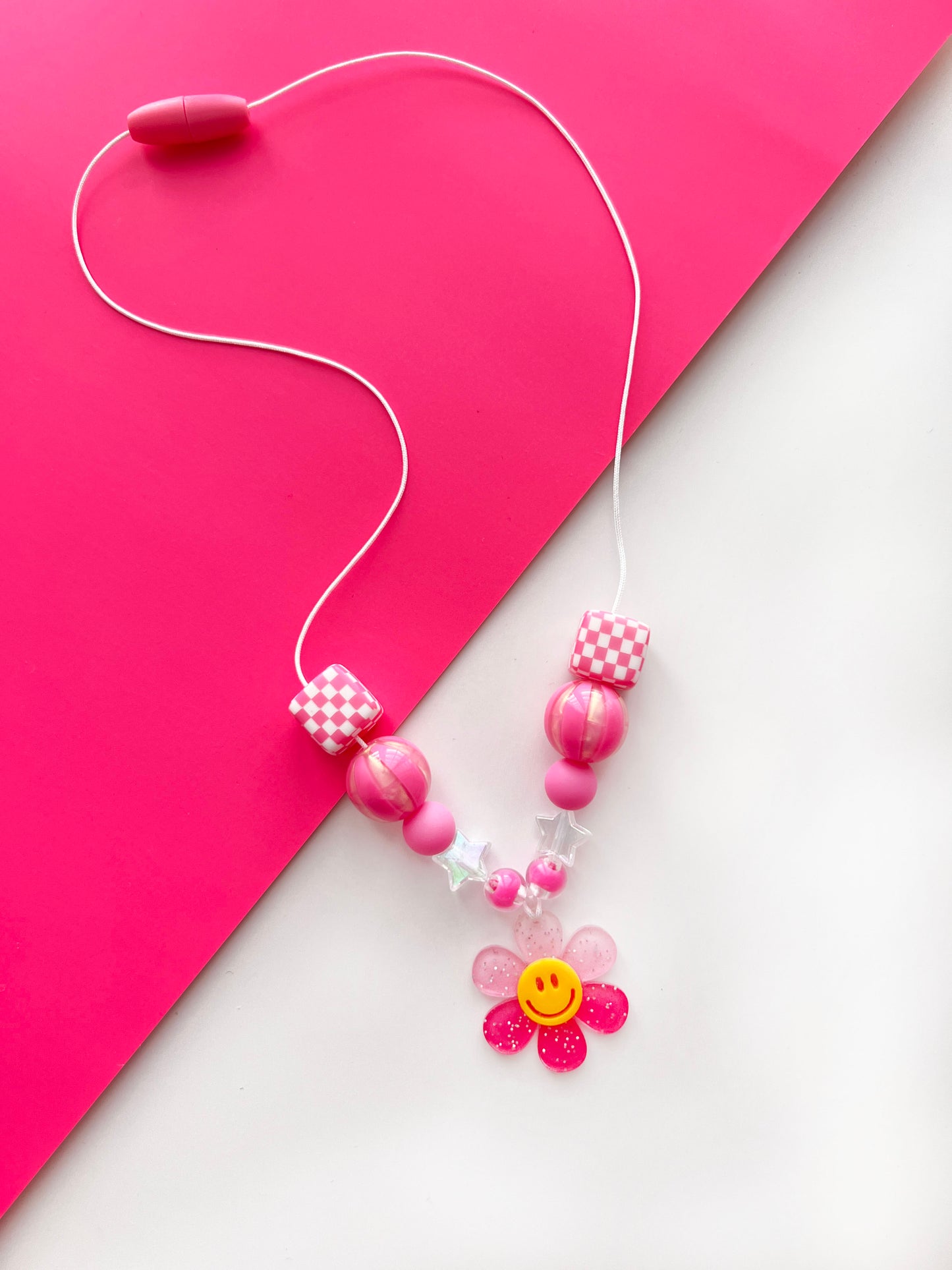 Girls Pink Smiley Face Flower Charm Beaded Necklace with Checkered Beads
