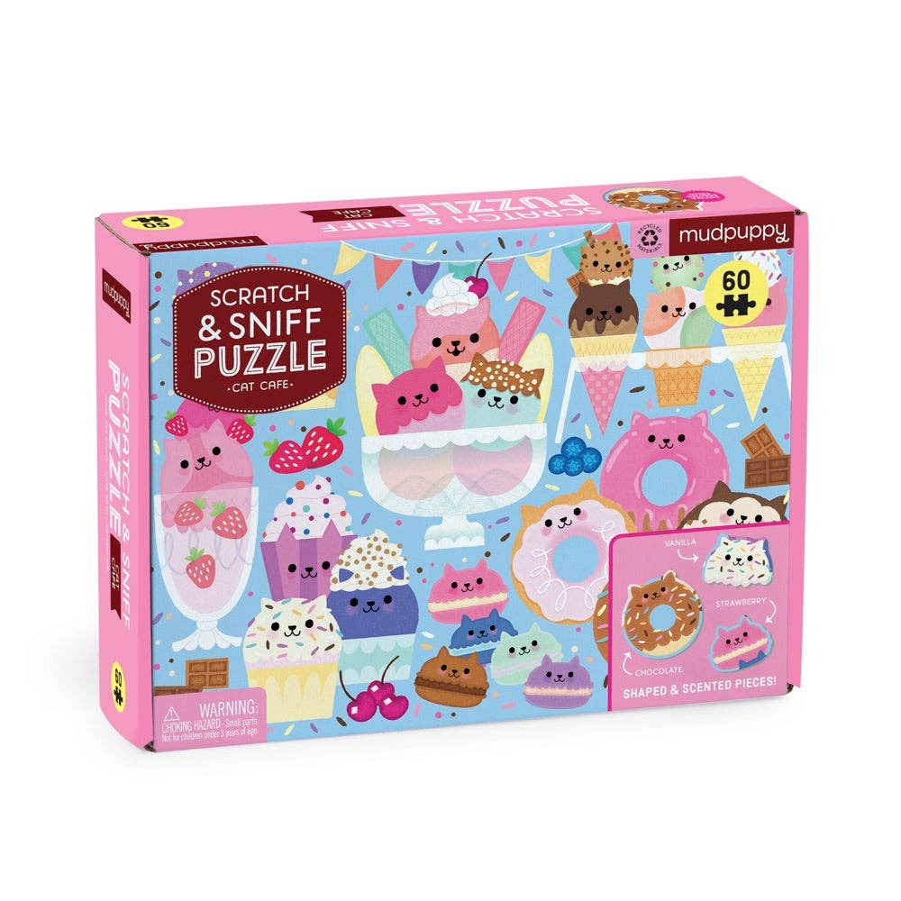 Angled side view of the Mudpuppy Cat Cafe scratch and sniff jigsaw puzzle packaging for kids screen-free fun.
