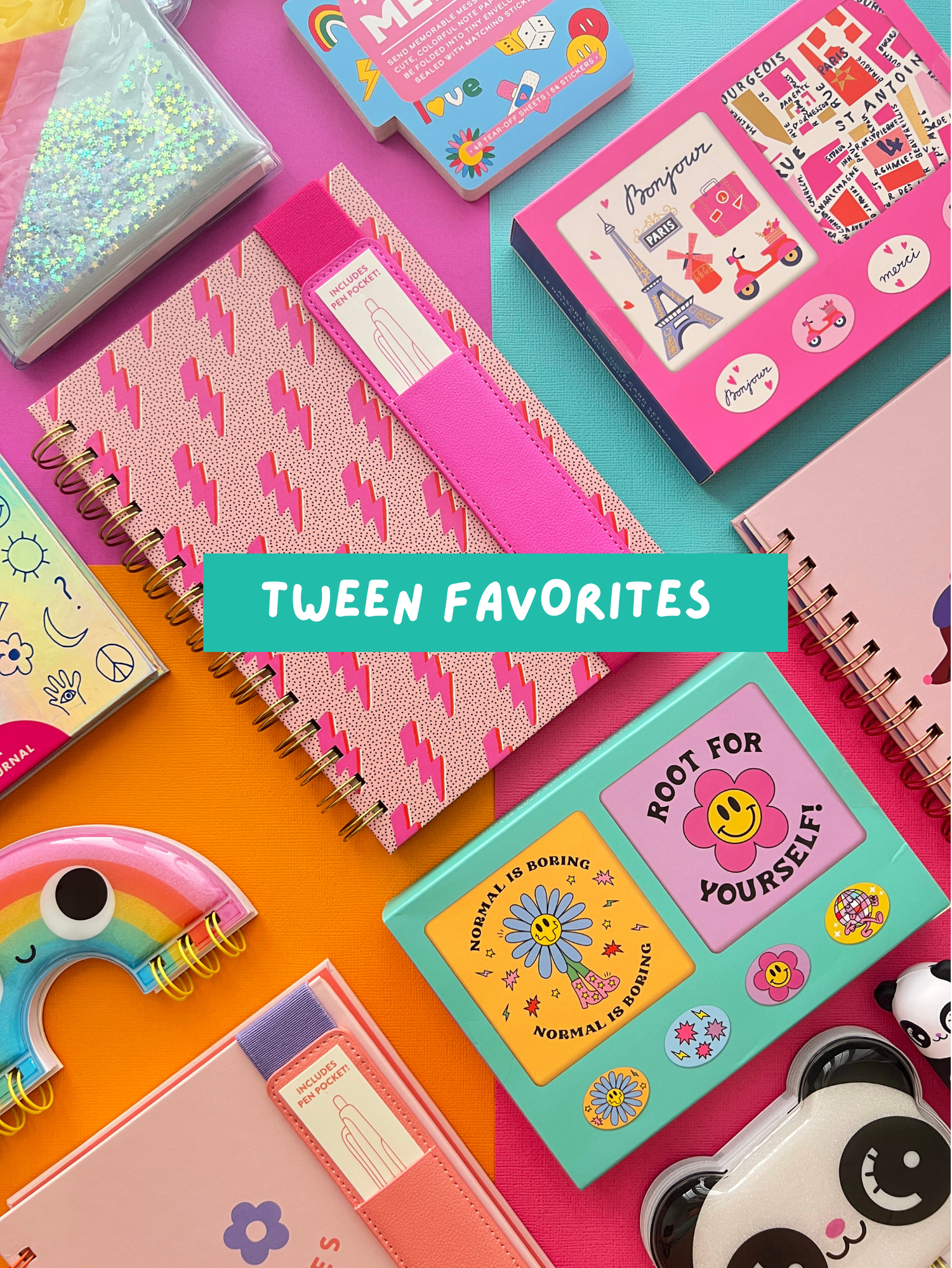 Tween girl gifts featuring pink lightning bolt notebooks, colorful journals, stickers, and a rainbow desk accessory.