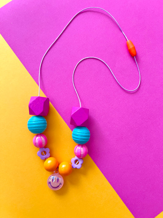 Colorful Girls Smiley Face Charm Beaded Necklace