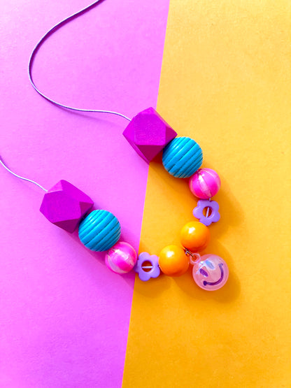 Colorful Girls Smiley Face Charm Beaded Necklace