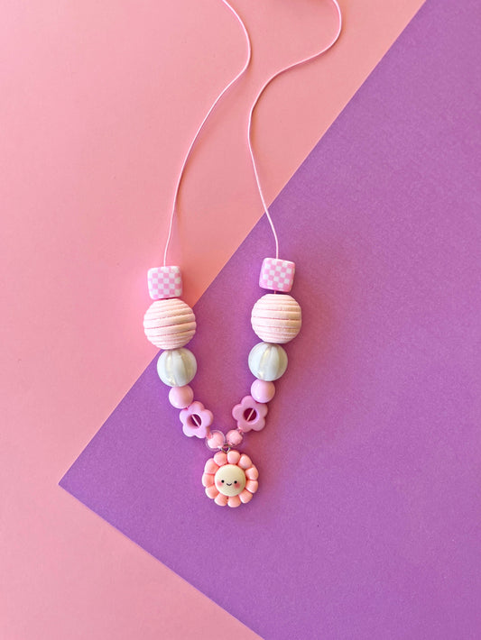 Girls Pink Daisy Smiley Face Charm Beaded Necklace