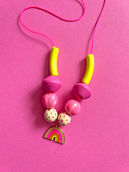 Girls Pink Rainbow Charm Beaded Necklace