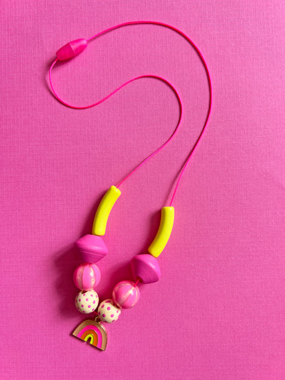 Girls Pink Rainbow Charm Beaded Necklace