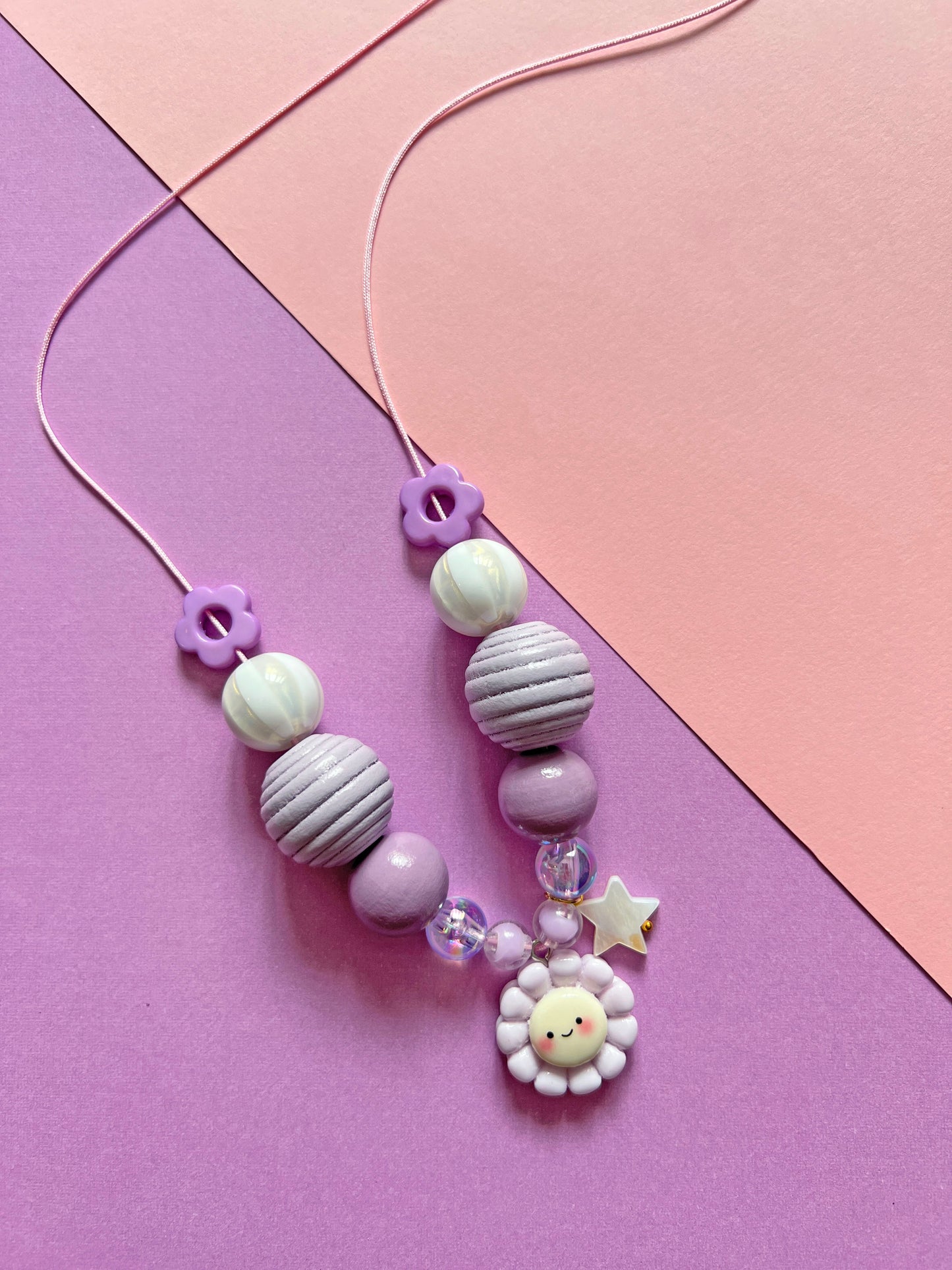 Girls Purple Daisy Flower Charm Beaded Necklace