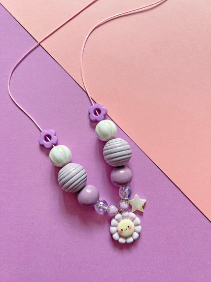 Girls Purple Daisy Flower Charm Beaded Necklace