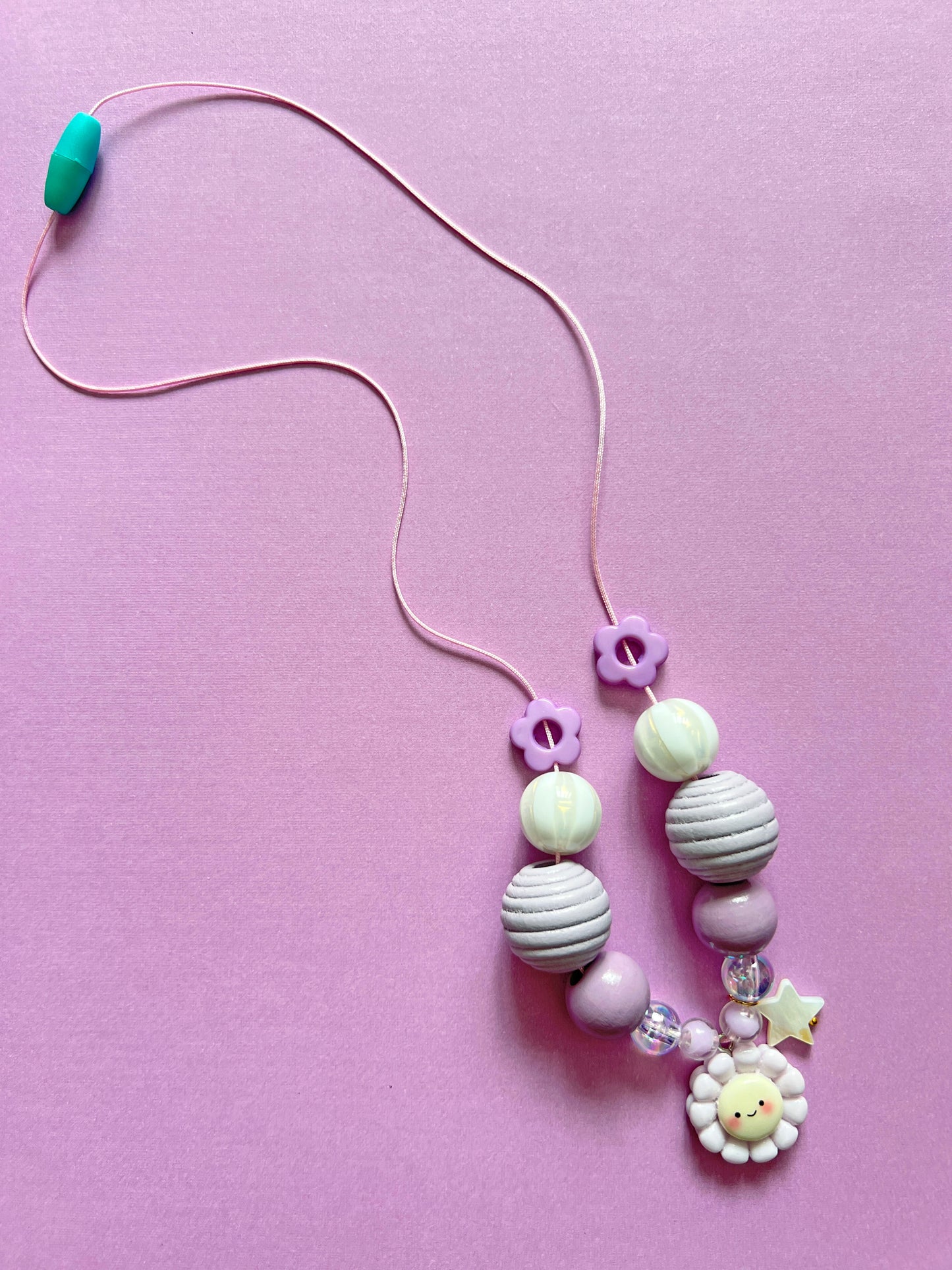 Girls Purple Daisy Flower Charm Beaded Necklace