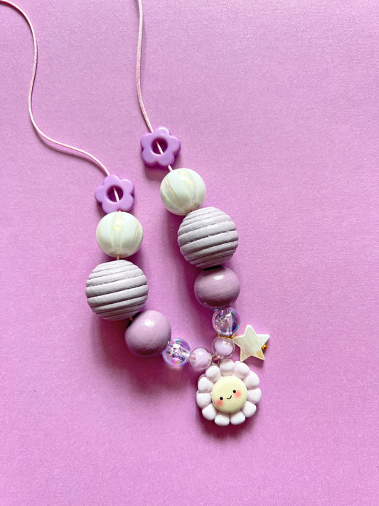 Girls Purple Daisy Flower Charm Beaded Necklace