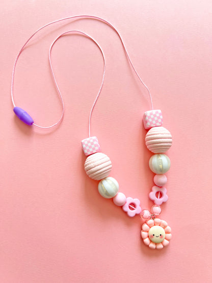 Girls Pink Daisy Smiley Face Charm Beaded Necklace