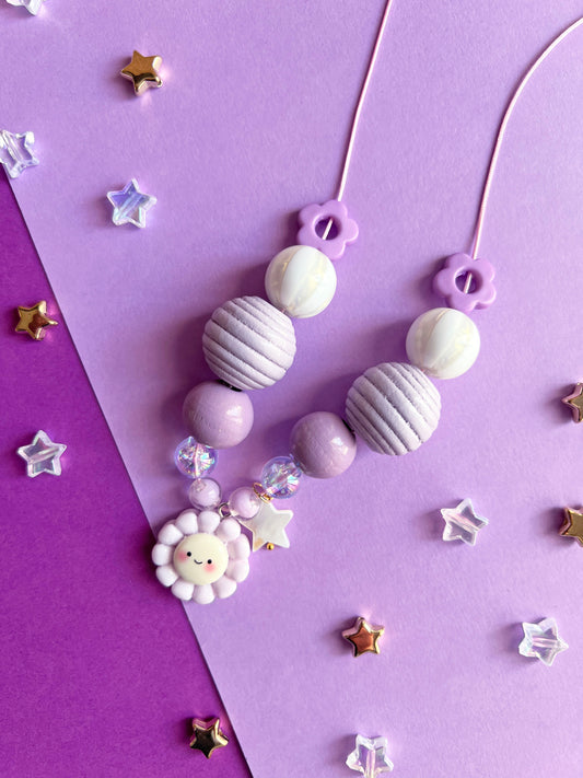 Girls Purple Daisy Flower Charm Beaded Necklace