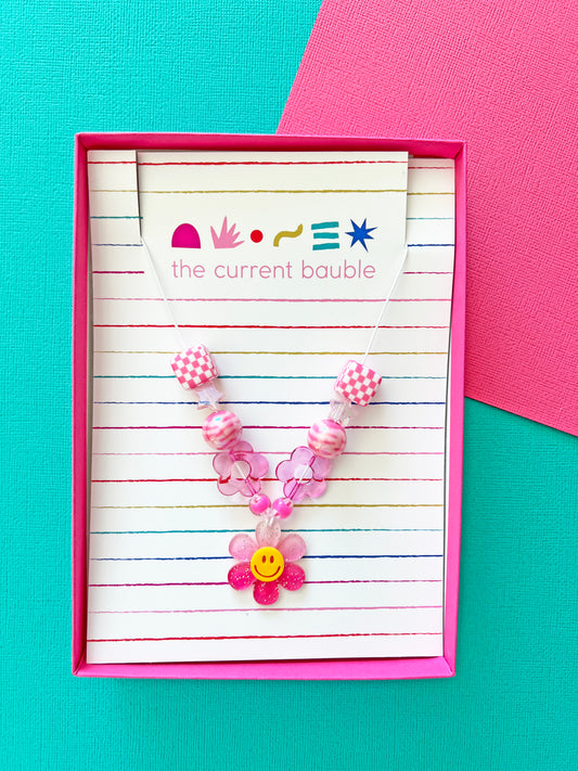 Girls Smiley Face Glitter Flower Charm Beaded Necklace with Checkered Beads