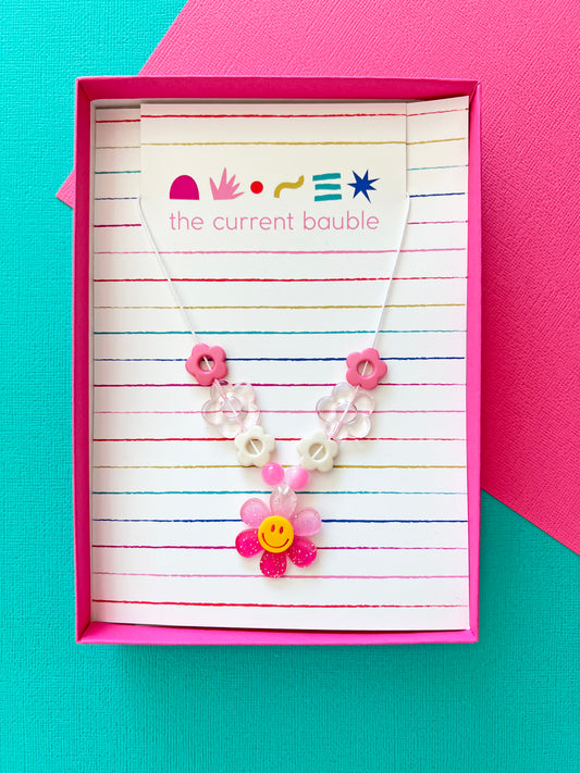 Girls Smiley Face Glitter Flower Charm Beaded Necklace