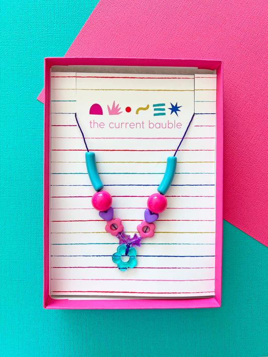 Girls Colorful Beaded Flower Charm Necklace