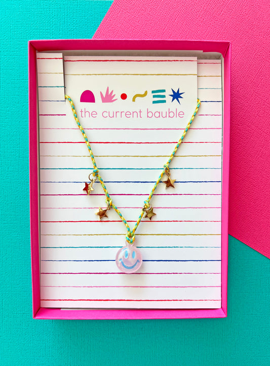 Green Smiley Face & Star Charm Braided Necklace