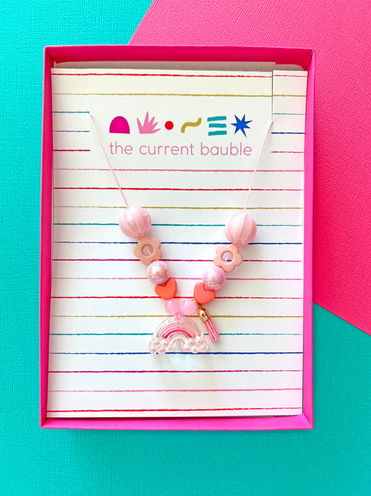 Girls Pink Rainbow Beaded Charm Necklace