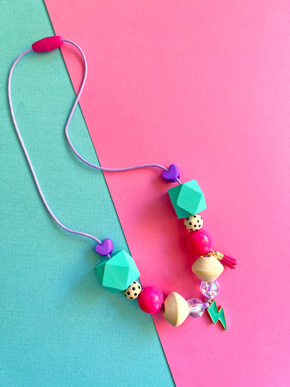 Beaded Pink and Teal Lightning Bolt Charm Necklace