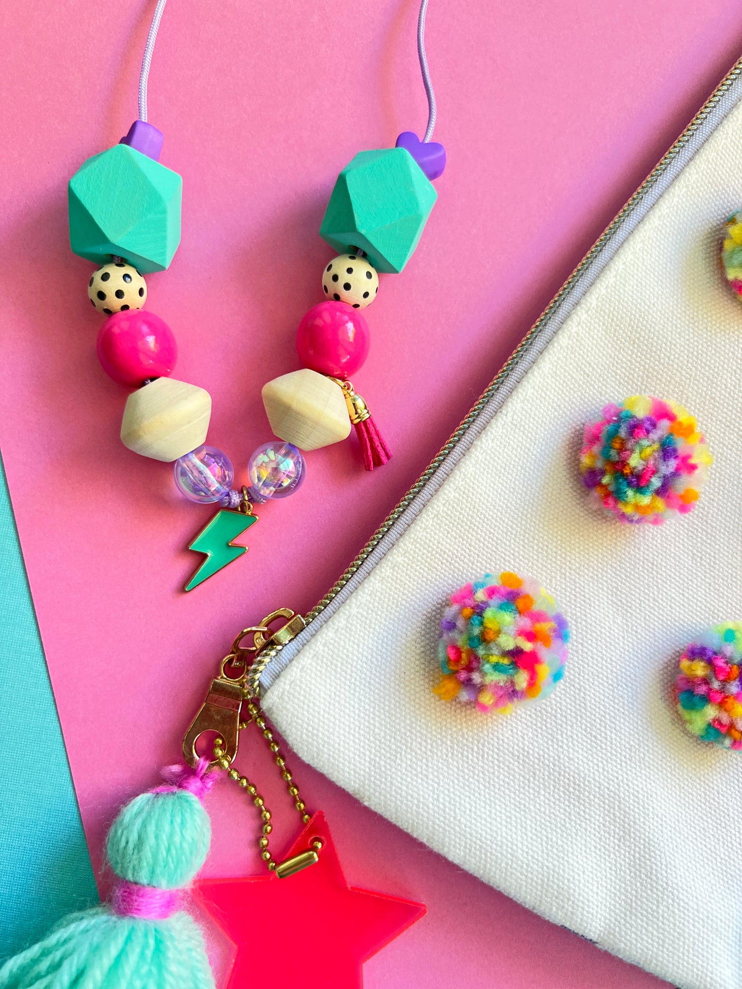 Beaded Pink and Teal Lightning Bolt Charm Necklace