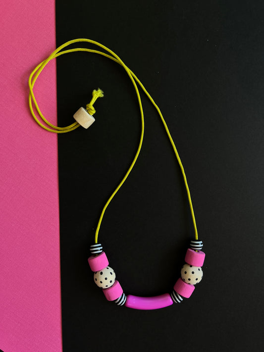 Modern Pink & Black Dot Beaded Necklace Hand Painted Wood Beads