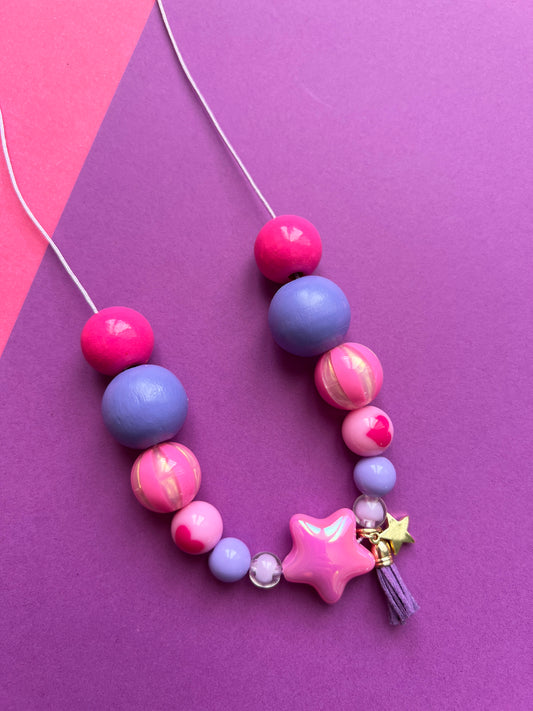 Girls Pink Star Charm Beaded Necklace