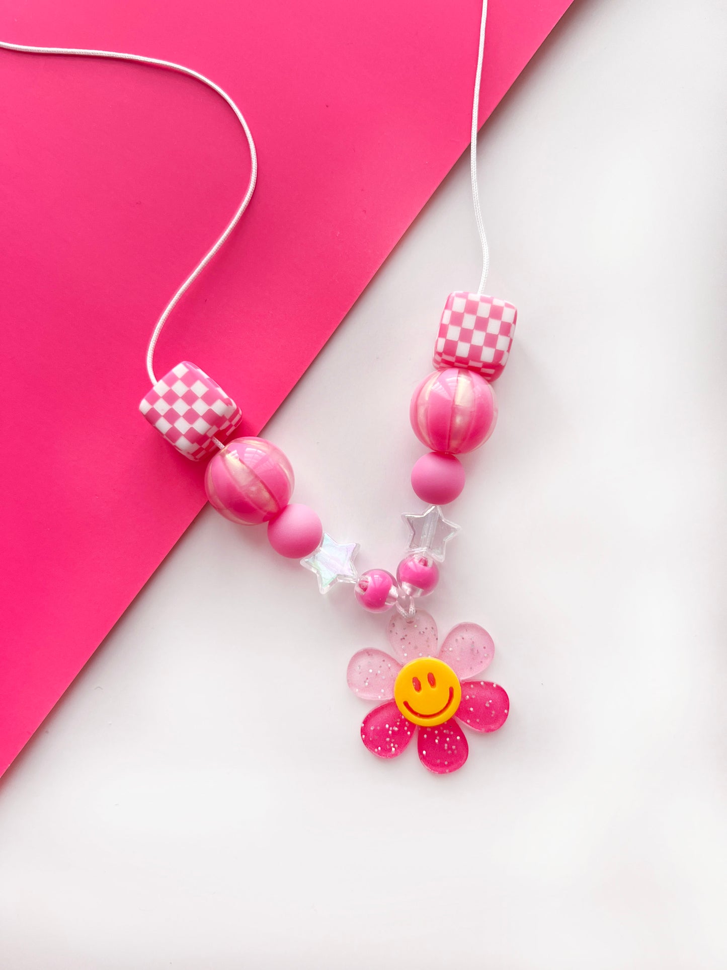 Girls Pink Smiley Face Flower Charm Beaded Necklace with Checkered Beads