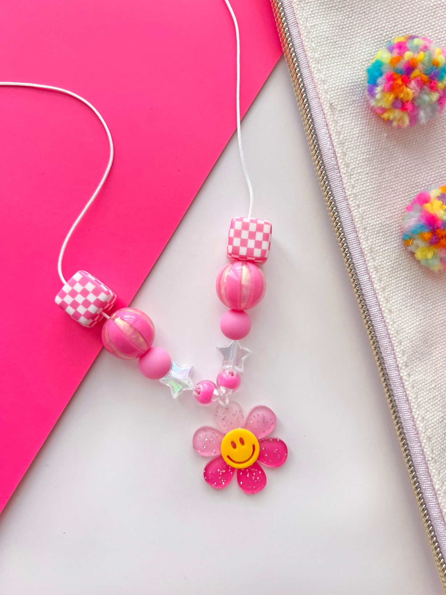 Girls Pink Smiley Face Flower Charm Beaded Necklace with Checkered Beads