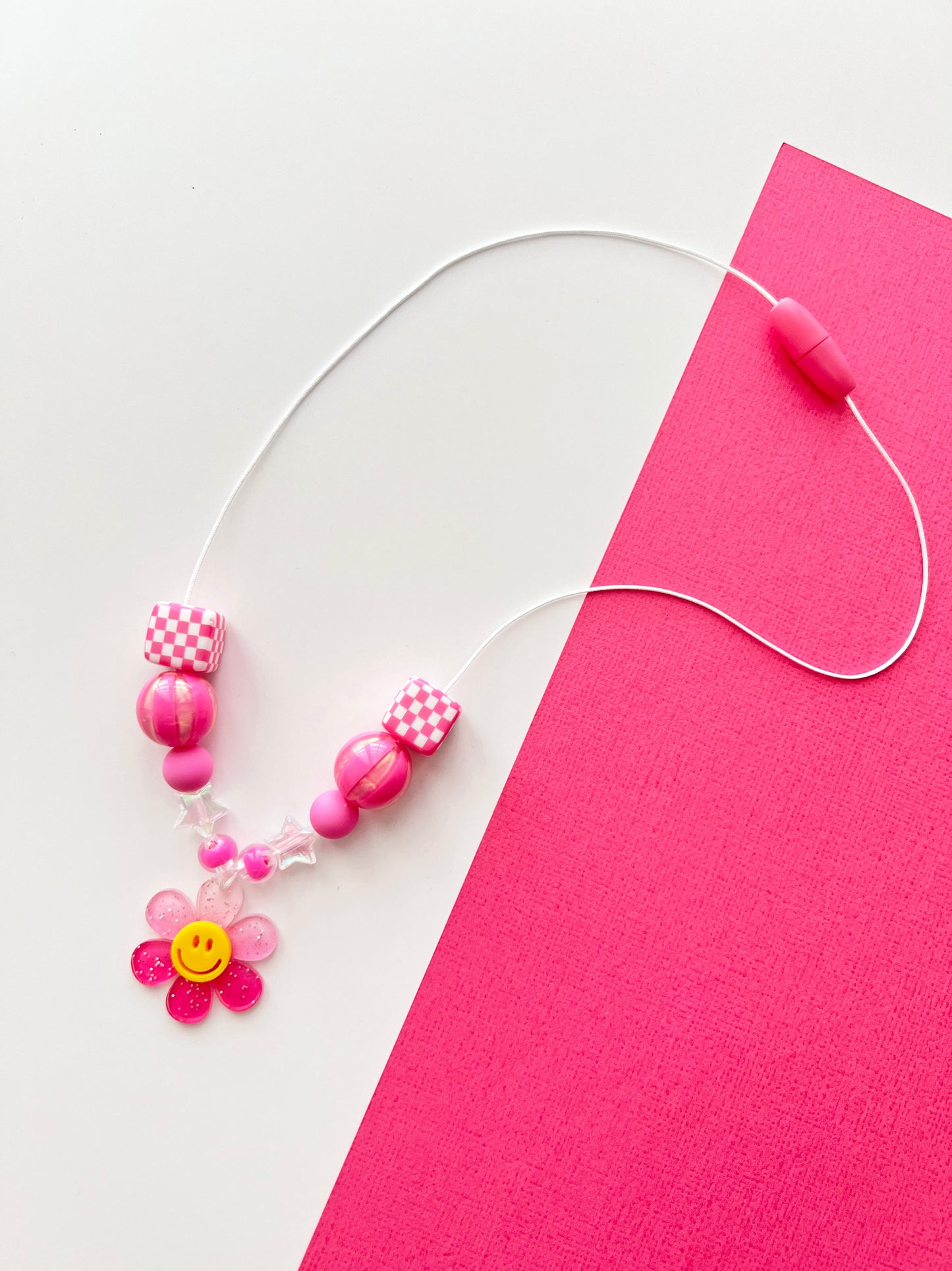 Girls Pink Smiley Face Flower Charm Beaded Necklace with Checkered Beads