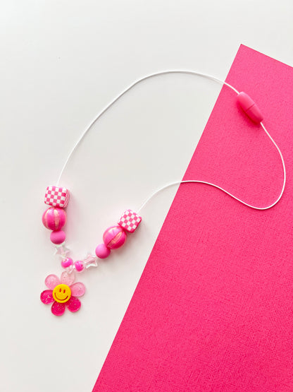Girls Pink Smiley Face Flower Charm Beaded Necklace with Checkered Beads