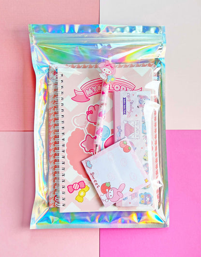 Sanrio Stationery Paper Goods Bundle: Stationery Paper & Sticky Notes Set, Set of Page Flags, Pen, Coil Bound Lined Journal & Sticky Note Memo Pad