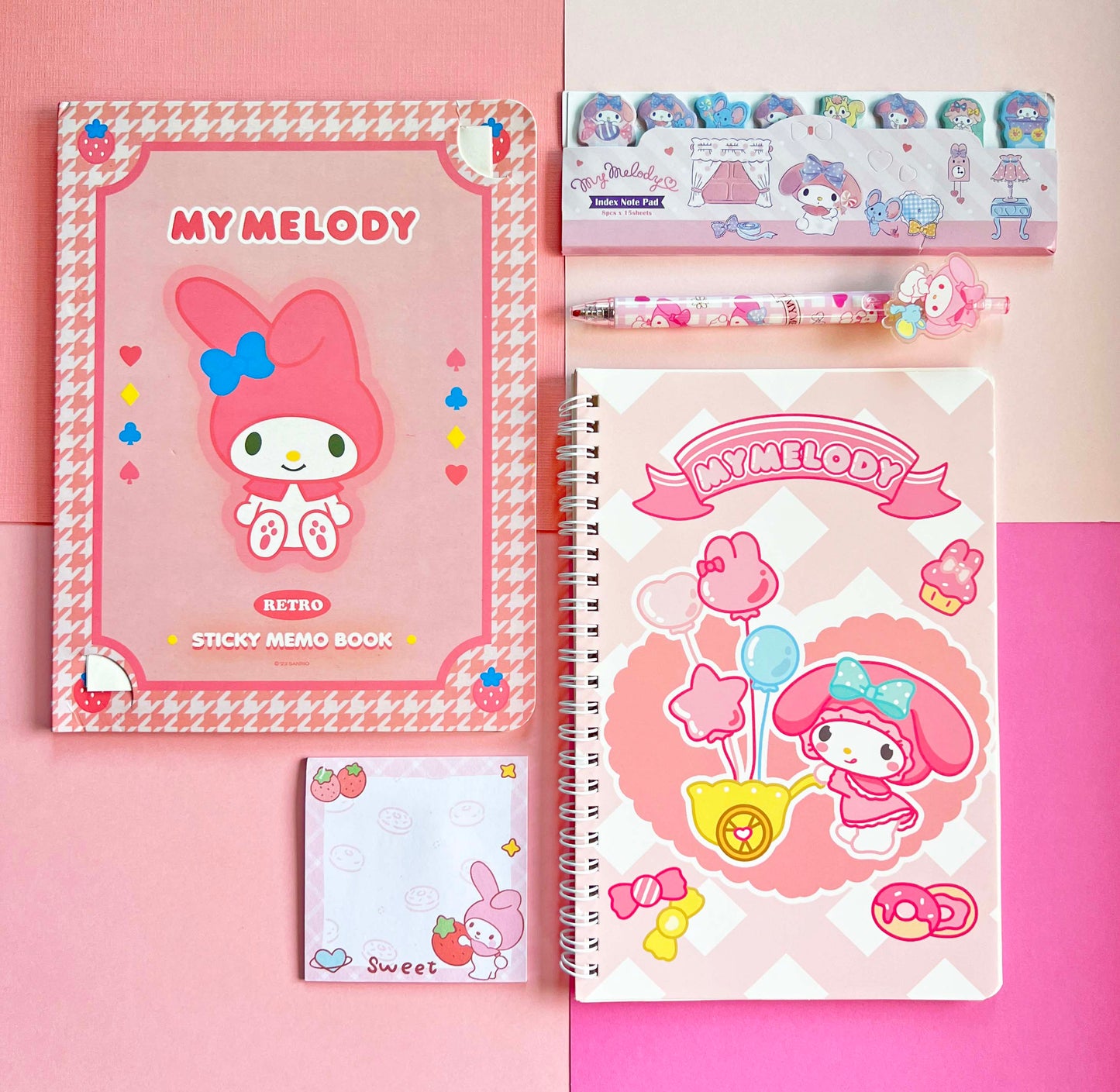 Sanrio Stationery Paper Goods Bundle: Stationery Paper & Sticky Notes Set, Set of Page Flags, Pen, Coil Bound Lined Journal & Sticky Note Memo Pad