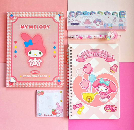 Sanrio Stationery Paper Goods Bundle: Stationery Paper & Sticky Notes Set, Set of Page Flags, Pen, Coil Bound Lined Journal & Sticky Note Memo Pad