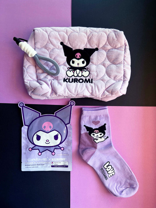 Kuromi Self Care Bundle: Cosmetic Bag, Skincare Face Mask & Socks
