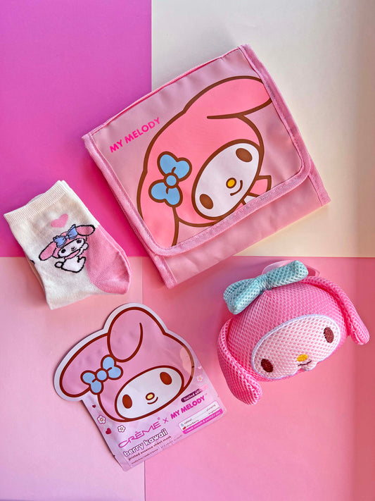 My Melody Self Care Bundle: Zippered Cosmetic Bag, My Melody Sponge, Skincare Face Mask & Socks