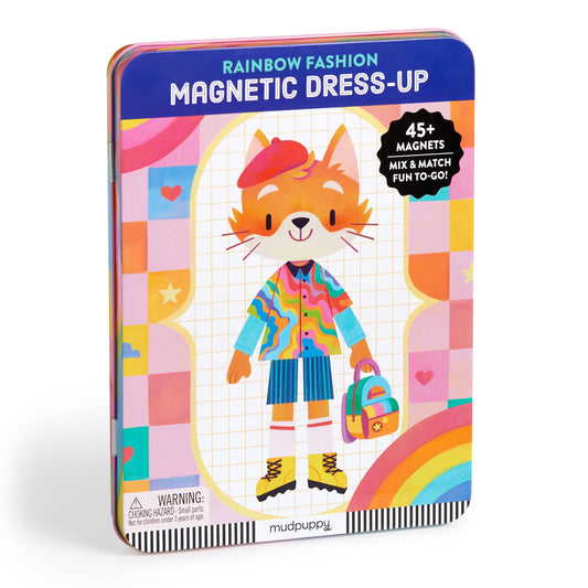 A colorful product packaging for Rainbow Fashion Magnetic Dress-Up, featuring illustrations of a fox and a bunny character with various clothing magnets.