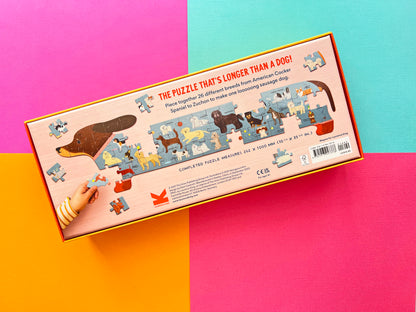 Back of box packaging for the very long dog jigsaw puzzle showcasing kid-friendly screen-free activity details.