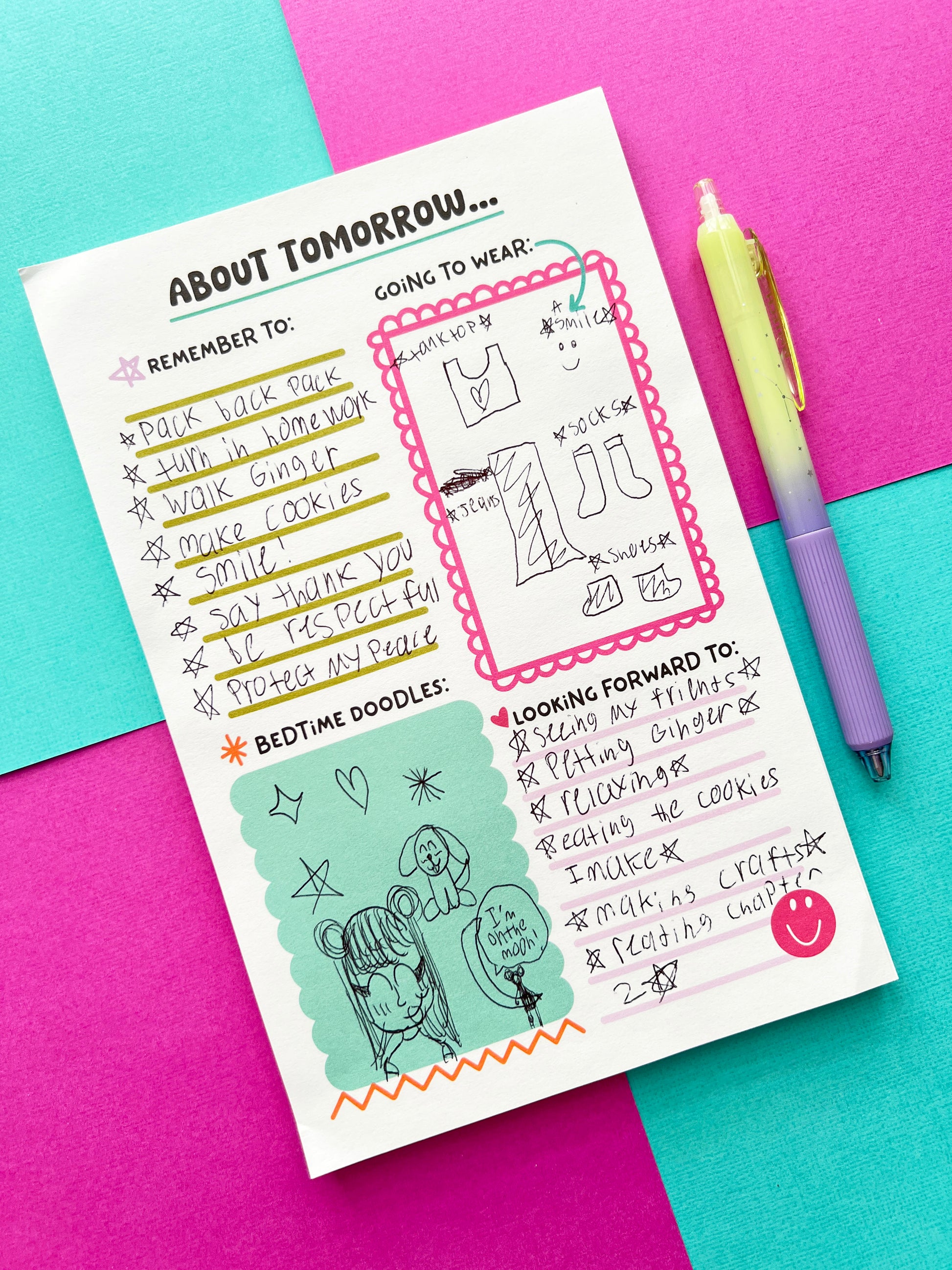 Filled-out About Tomorrow kids bedtime routine notepad with handwritten reminders, outfit sketch, doodles, and a list of things to look forward to. Children’s morning prep planner for reducing stress, building independence, and creating consistent routines.
