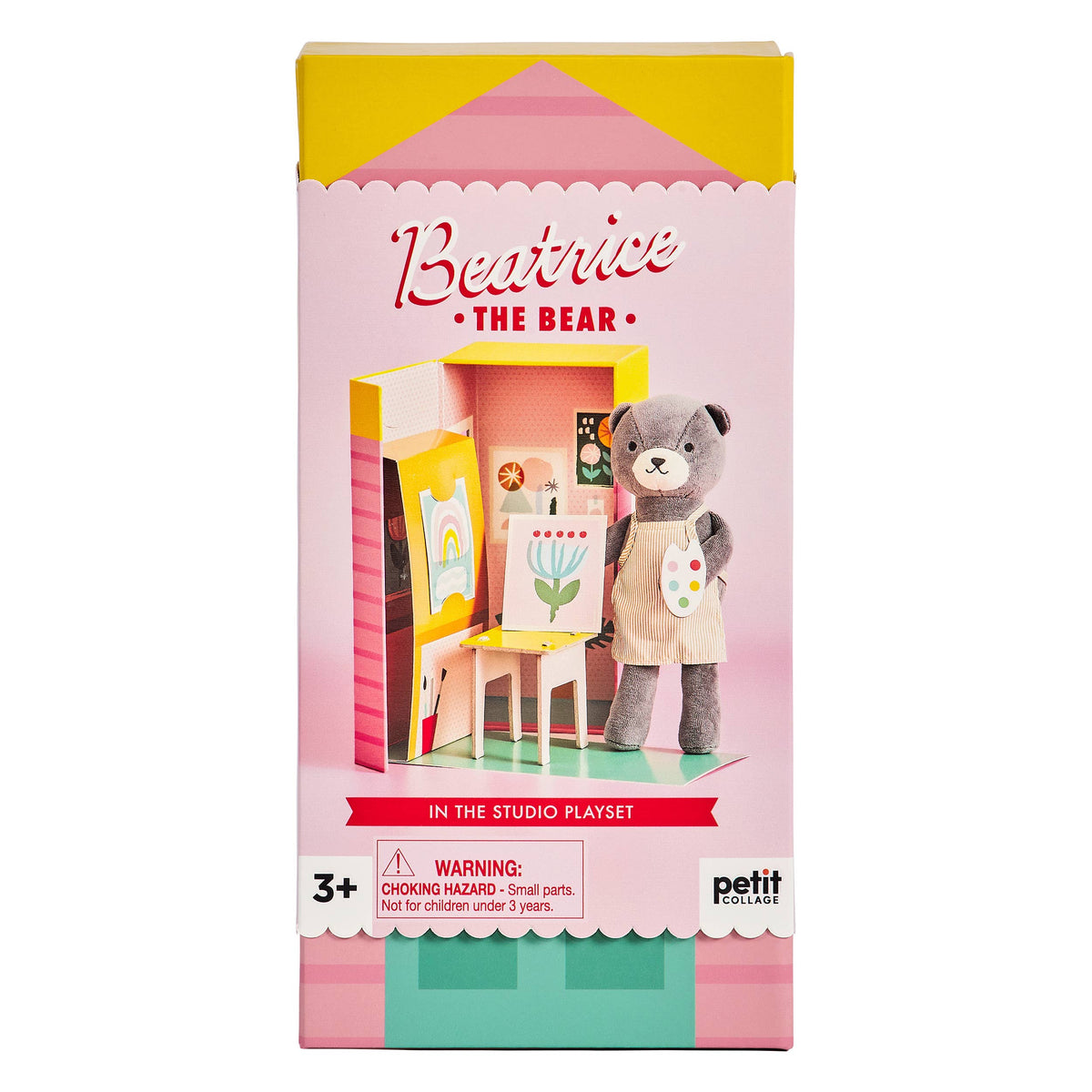 Front view of the Beatrice The Bear animal play set box packaging by Petit Collage for ages 3 and up.