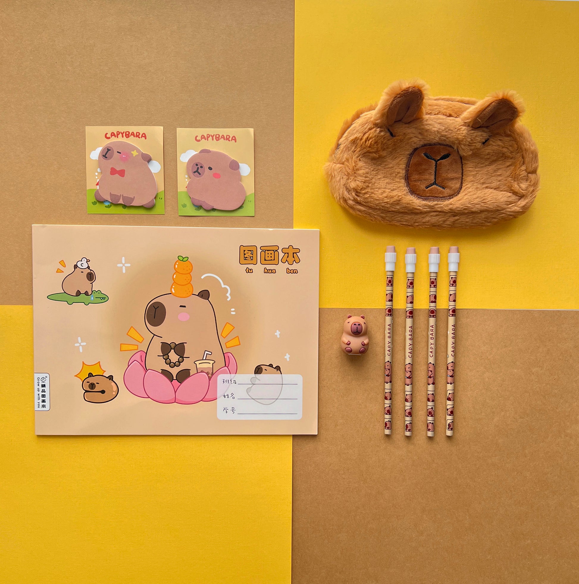 Capybara stationery bundle featuring a plush pencil case, A4 notebook, sticky notes, and pencils.