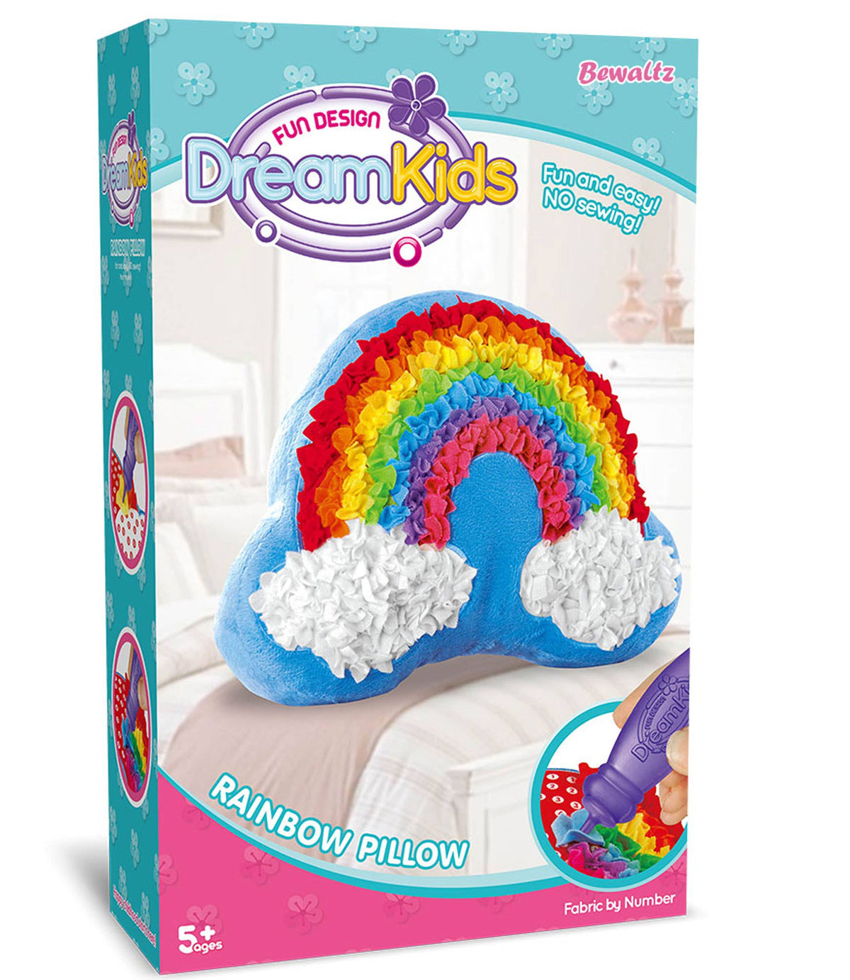 Angled side view of the rainbow plush pillow crafting kit packaging, a perfect screen-free activity for kids.
