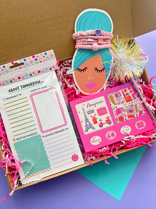 Colorful gift for tween girl with stationery, notecard set, hair ties and fun pen packaged together