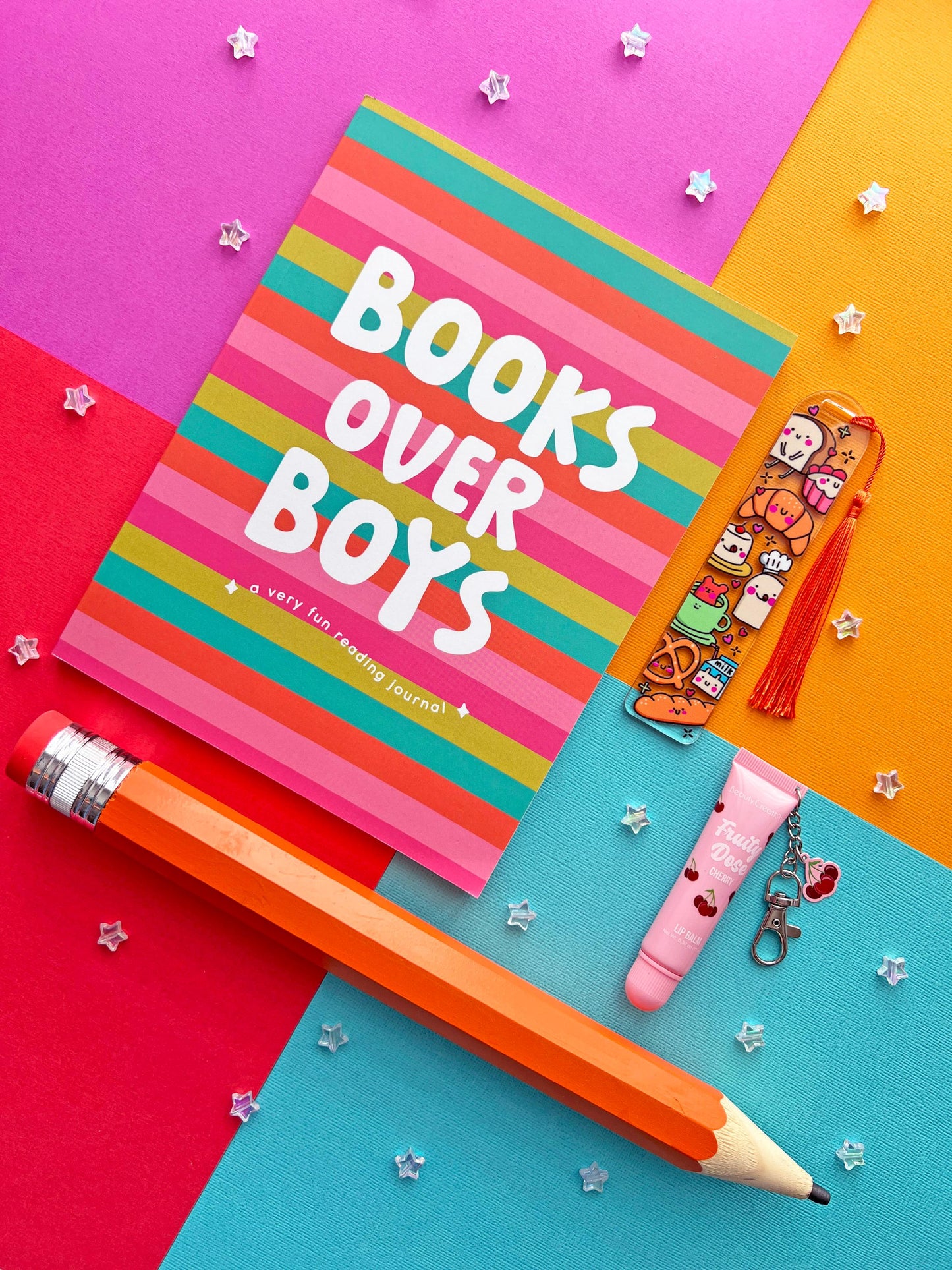 Girls Reading Journal Set  Summer Book Tracker, Bookmark, Jumbo Pencil, Lip Balm Keychain