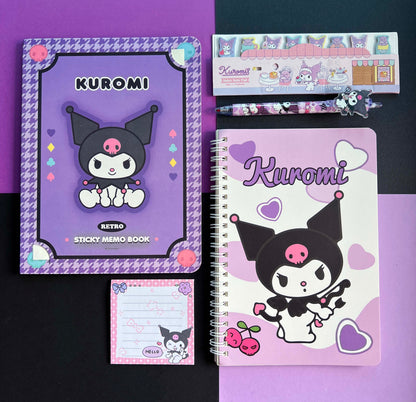 Purple and black cartoon character stationery collection featuring character notebooks, a memo pad, and aesthetic gel pens.